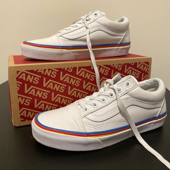 HOT Red Blue Blue Vans Yellow Stripe White Vans With Red And